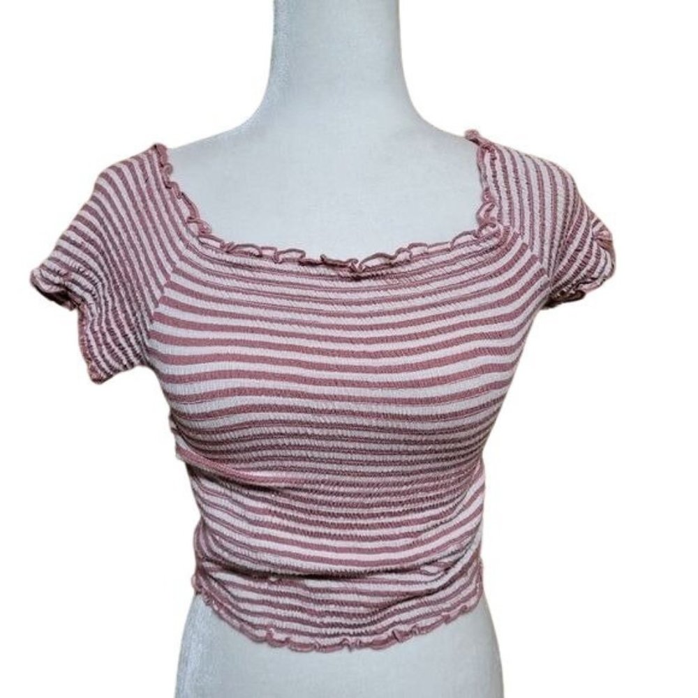 Active USA Women's Size Large Stretchy Striped Crop Top Pink White Stripe